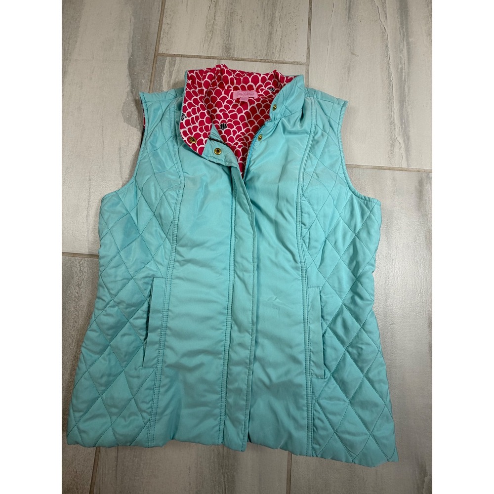Lilly Pulitzer Women Aqua Blue Quilted Puffer Vest Pink Shell Lining Medium